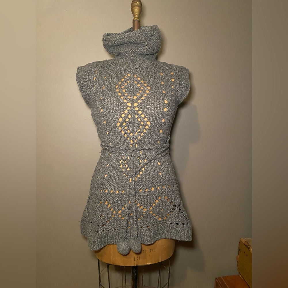 Krimson Klover Wool Sweater Dress Gray Cowl Neck Open Knit Boho Tunic Small